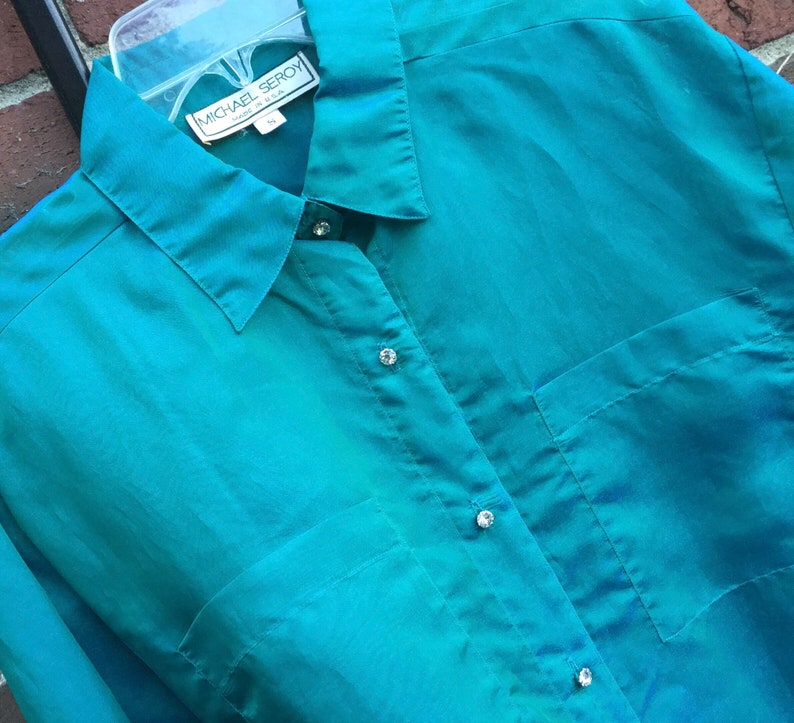 Green Metallic Blouse/shirt/top Sheer Chiffon Long Sleeve Etsy