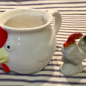 Rooster Figurine & Creamer Pitcher/Ceramic Porcelain China/Country Farm Animal/Small 2 Piece SET/Vintage 1950s