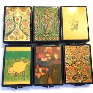 Lacquer Gift Box Set/Hinged Lid//Plastic Laminate/Asian Chinese Print/Compact Mirror/Small 6 Piece/Vintage image 1