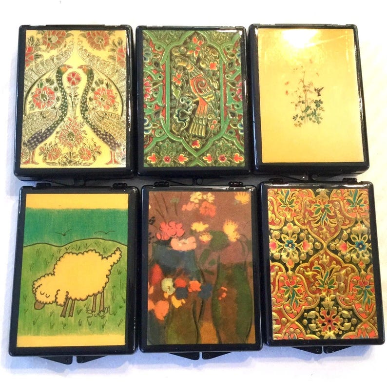 Lacquer Gift Box Set/Hinged Lid//Plastic Laminate/Asian Chinese Print/Compact Mirror/Small 6 Piece/Vintage image 1