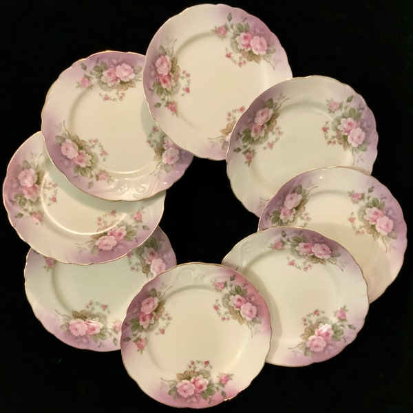 Vtg Lefton China Floral Dessert Plate SET/Pink Rose Flowers on Purple/Porcelain/Japan/Small 7.5”/Vintage 8 Piece SET