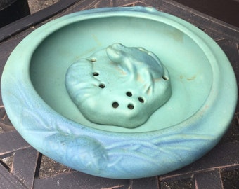 SALE—- 1900s Van Briggle Pottery Flower Frog & Console Bowl/Figural/Green-Blue Matte/Floral Pinecone/Emma Kinkead/Signed/Lg 2pc SET/Vintage
