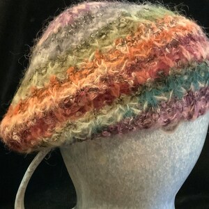 80s Crochet Hat-Beanie-Skull Cap-Slouchy Hat-Tam-Beret/Multicolor/Wool/Stretchy/Adjustable/Woman’s Size Large/Winter/Vintage 1980s