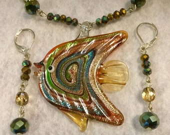 Fish Necklace Pendant & Earrings/Dichroic Blown Glass Angel Fish/Crystal Beads/Nautical Summer Jewelry/Handmade/2 Piece SET