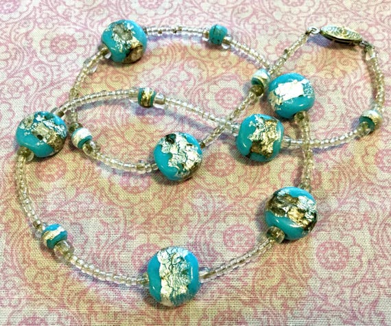 Collier Perles Verre Soufflé Murano Vintage - Laiton Plaqué Or, Neuf De Création