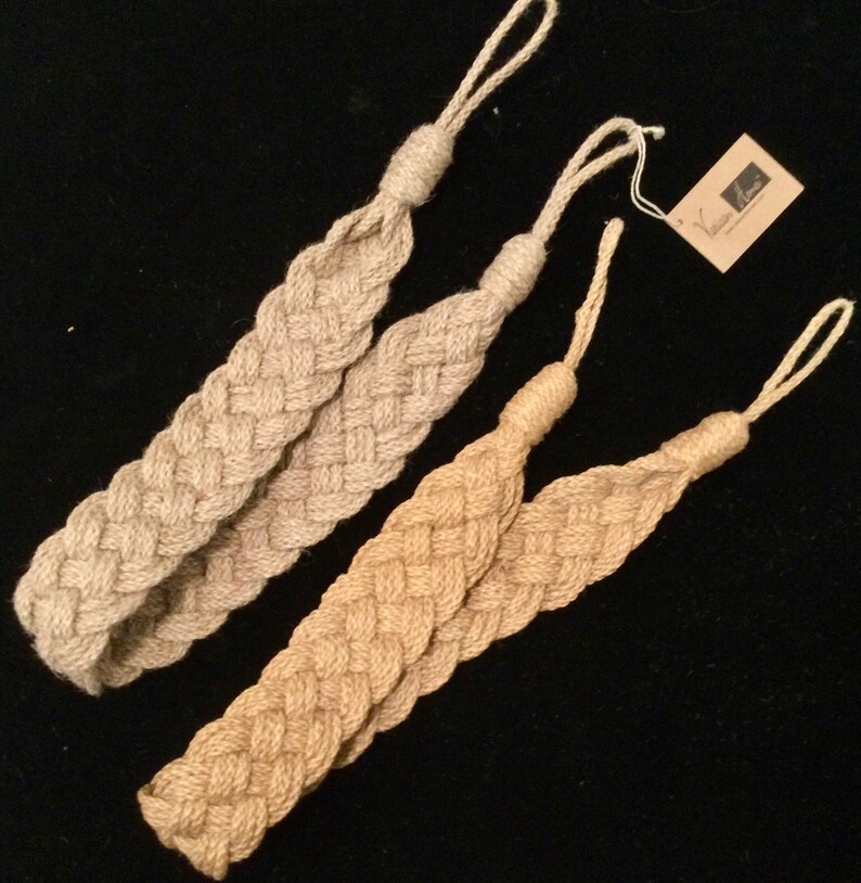 Curtain Tiebacks-Holdback Set/Window Drapery Hardware/Flat Woven Braided Jute Rope/NOS/Coastal Beach House Decor/4 Piece/Vintage 1990s bild 3