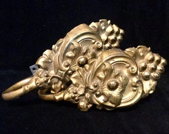 Antique Curtain Tiebacks Holdback SET/Stamped Brass/French Floral Ormolu/Acanthus Leaf-Berry-Scroll/2 Piece/Vintage 1800s