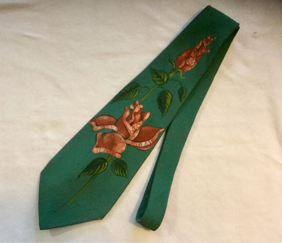 50s HP Floral Tie Necktie/Hand-Painted/Rose Flowe… - image 2