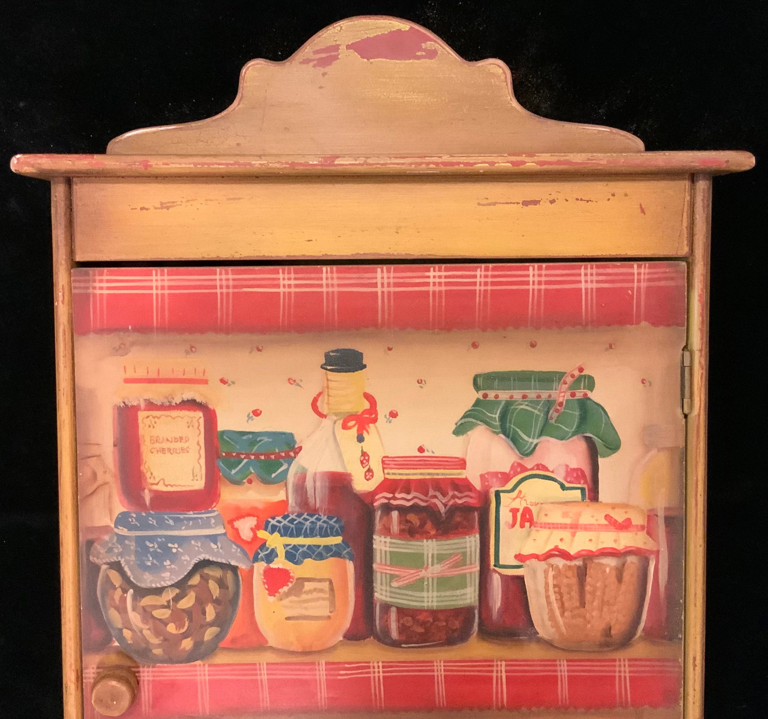 Kitchen Shelf-Cupboard-Cabinet-Furniture/Hand Painted Trompe L’oeil Food//Farmhouse Folk Art/Wall Mount+Tabletop/Small 7x15x28”/Vintage
