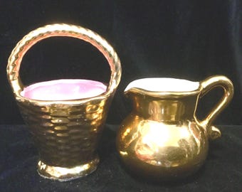 Creamer-Pitcher & Basket Vase Set/Gold Metallic Ceramic/Handle/Small 2 Piece/Vintage