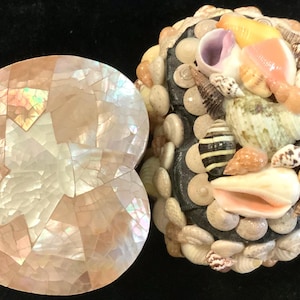 May include: A heart-shaped trinket box made of iridescent mother-of-pearl mosaic tiles. The box is open and reveals a smaller heart-shaped box filled with a variety of seashells.
