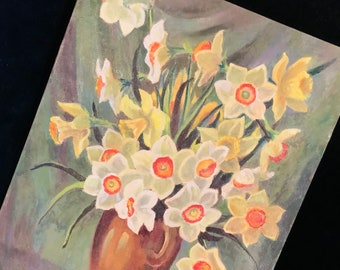 Vintage Floral Oil Painting/Original Still Life TableScape/Yellow Daffodil Narcissis Flower/Signed Del McCormack/Canvas Board/Unframed/Lg