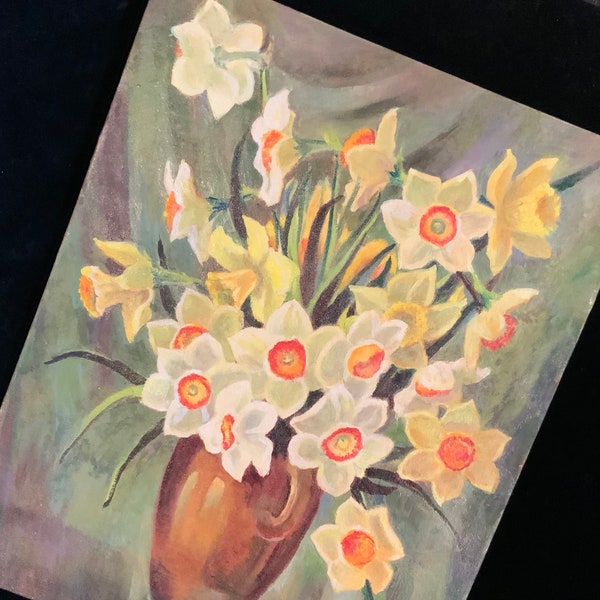 Vintage Floral Oil Painting/Original Still Life TableScape/Yellow Daffodil Narcissis Flower/Signed Del McCormack/Canvas Board/Unframed/Lg