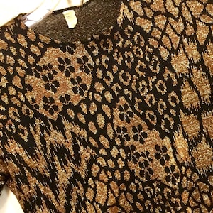 60s Leopard Sweater-Pullover-Crop Top/Metallic/Black & Gold Lame Animal Print/Jersey Knit/3/4 Sleeve/Woman&#39;s Medium (chest 45”) Vintage 1960
