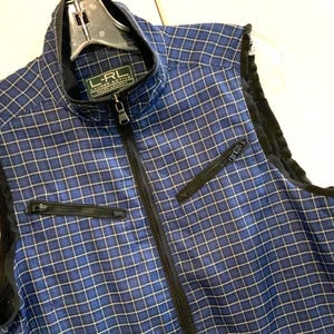Ralph Lauren Vest/L-RL Lauren Active/RL Vest/Blue Plaid/Full Zipper/Mock Neck/Adjustable Waist/4 Pockets/woman Small (chest 36”) Vintage