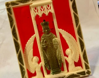 Christian Art Jesus Shrine/Religious Catholic Altar with Angels/Tabletop/Plastic Frame/Easel-Back/Small-Mini 3x3.75”/Vintage 1950s