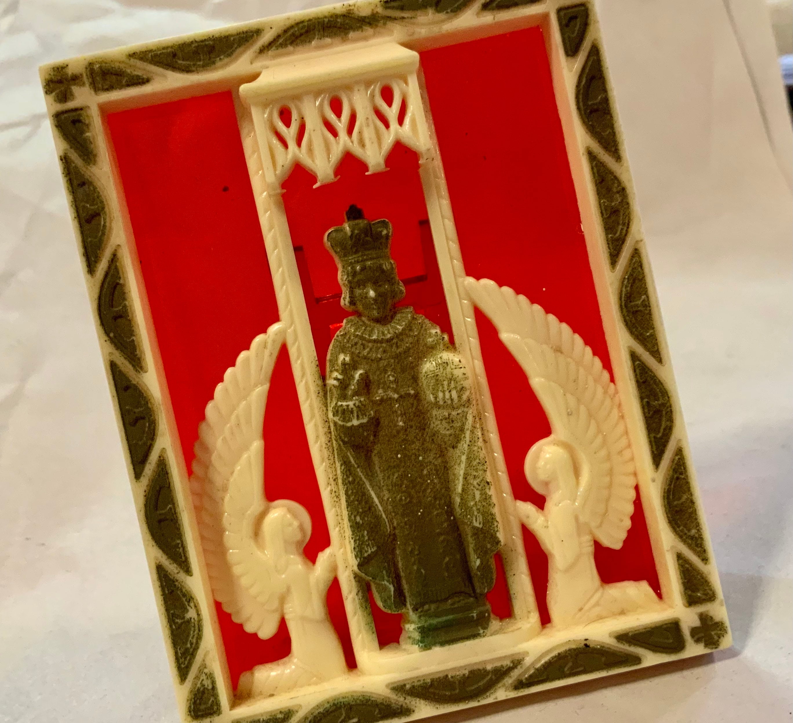 Christian Art Jesus Shrine/Religious Catholic Altar with Angels/Tabletop/Plastic Frame/Easel-Back/Small-Mini 3x3.75"/Vintage 1950s