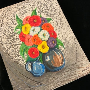 Vintage Floral Painting/Original Watercolor Still Life Tablescape/Mixed-Media/Outsider-Art/Flowers in Vase/Signed/Unframed/Small 8x10”