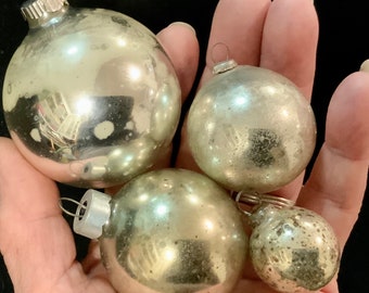 Christmas Ornaments Set/Mercury Glass/Shiny Brite/Silver Round Balls/Japan/USA/Blown Glass/10 Piece/Antique-Vintage