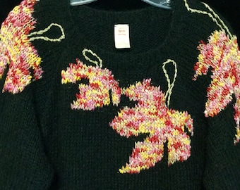 Hand Knit Sweater/Black Pullover/Red Metallic Maple Leaf Print/Mohair/Long Sleeve/Autumn-Winter/Women (chest 40”) Vintage 1980s