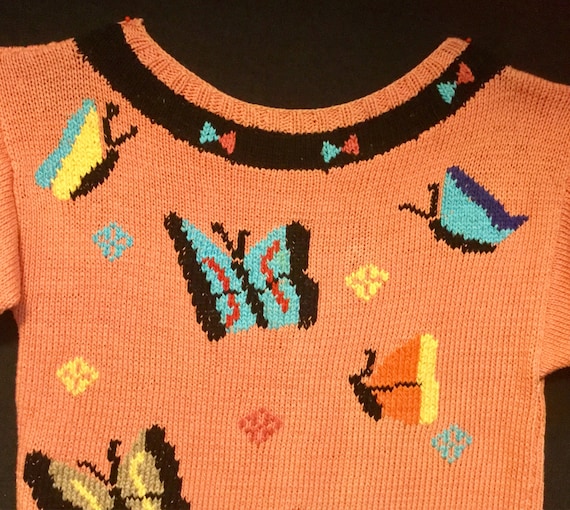 Hand Knit Sweater/Pullover/Butterfly Print/Orange+Black+Turquoise/Short Sleeve/Cotton/Woman's (chest 38”) Vintage 1980s