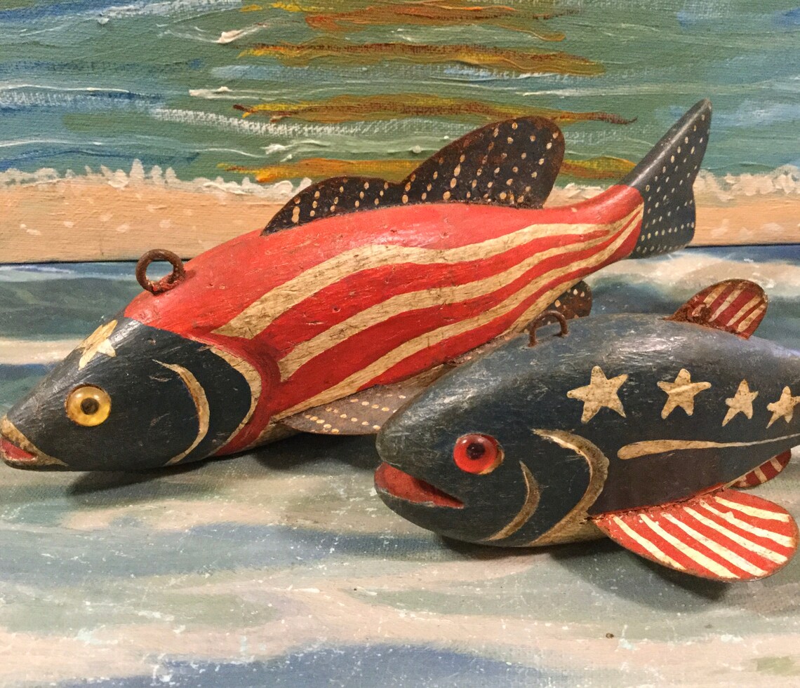 Vintage Patriotic Fish Decoy Hand Carved Wood Ice Spearing Etsy