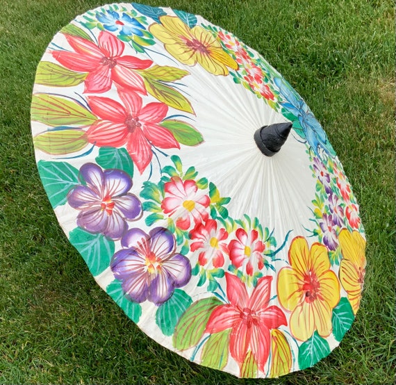 Vtg Asian Floral Parasol Umbrella/Bamboo & Canvas… - image 2