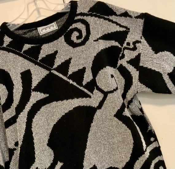 80s Black Pullover Sweater/Silver Metallic/Abstra… - image 1