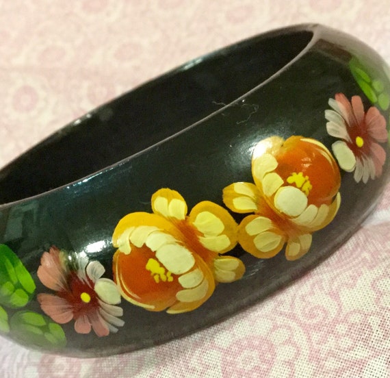 Russian Tole Floral Bangle Bracelet Souvenir/Poli… - image 1