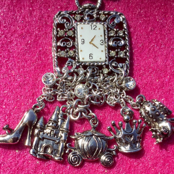 Cinderella Charm Pendant Necklace/Multi Charm Tassel Watch/Storybook Fairytale Novelty/Woman-Child/Handmade Repurposed Vintage Assemblage