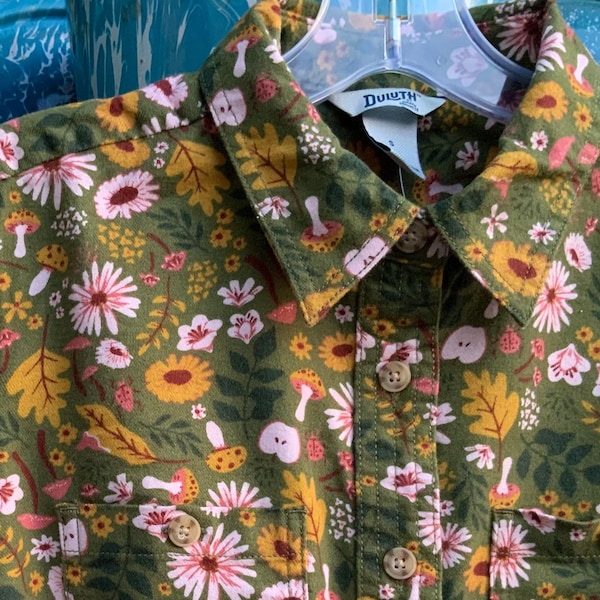 Duluth Blouse Shirt/Flannel/NWT/Floral Green-Pink-Gold Autumn Print/Cottagecore/Preppy/Woman Small (chest 40”) Vintage 1990a