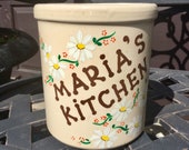 Ceramic Kitchen Crock Utensil Holder Spoon Holder Floral Stoneware Pottery White Hand Painted quot Maria 39 s Kitchen quot Daisy Folk Art Vintage