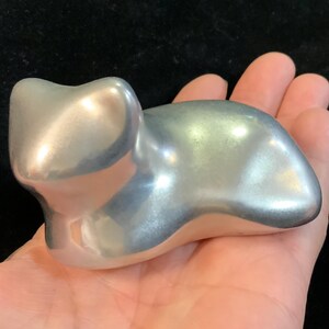 Chrome Cat Figurine-Sculpture-Knick Knack-Paperweight/Mid Century Modern/Polished Silver Metal/Signed/Small 2.75”L x 1.75”H x 2”W/Vintage