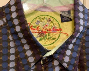 Robert Graham Shirt/Button Up/Blue-Purple-Green Striped Polka Dot Print/Long Sleeve/Cotton/Mens Size XL-TG (chest 48”) Vintage 1990s