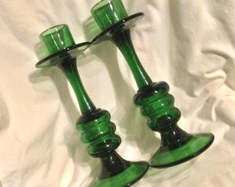 Glass Candlestick-Candle Holder Set/Green/Blenko-Style Blown Glass/Taper/Christmas/Large-Tall 12.5”H/Vintage Mid-Century/2 Piece Set