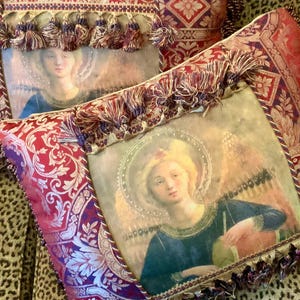 Angel Pillow-Christmas Throw Pillow/Religious Toss Pillow/Red Tapestry/Burgundy & Gold/Tassel+Fringe/Large 20”/Formal 2pc Set/Vintage