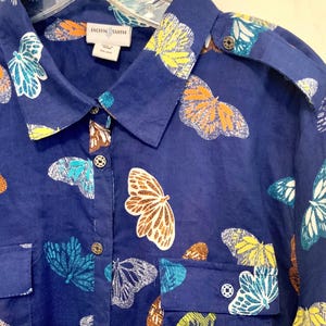 Blouse-Shirt-Top/Blue Butterfly Print/Button Up/“Jacklyn Smith”/Cotton/Collar/Long Sleeve/Woman’s XXL (chest 46”) Vintage 1970s image 1