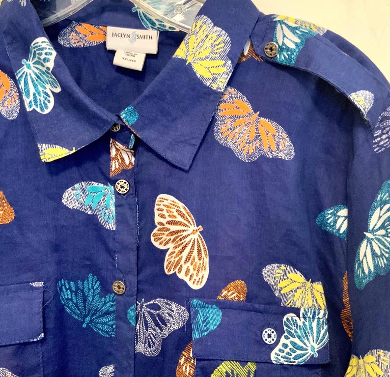 Blouse-Shirt-Top/Blue Butterfly Print/Button Up/“Jacklyn Smith”/Cotton/Collar/Long Sleeve/Woman’s XXL (chest 46”) Vintage 1970s image 1