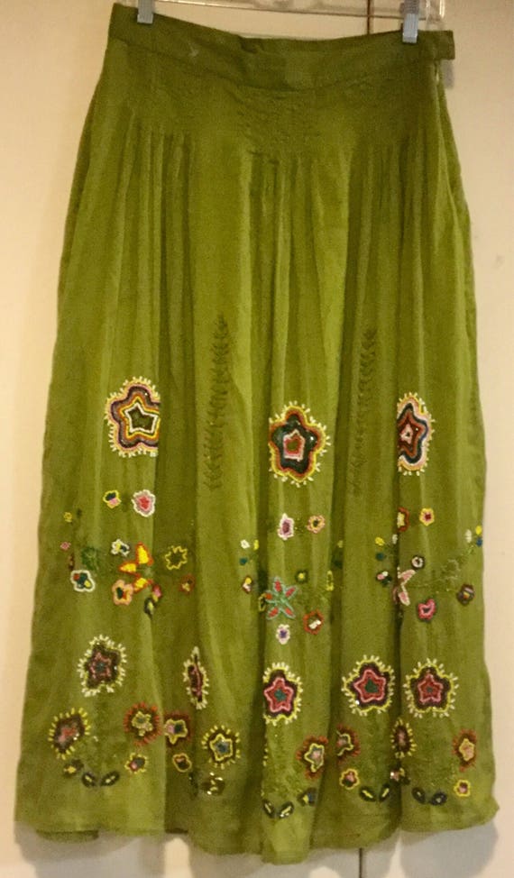 Floral Beaded Skirt/Green Midi Skirt/Embroidered … - image 4