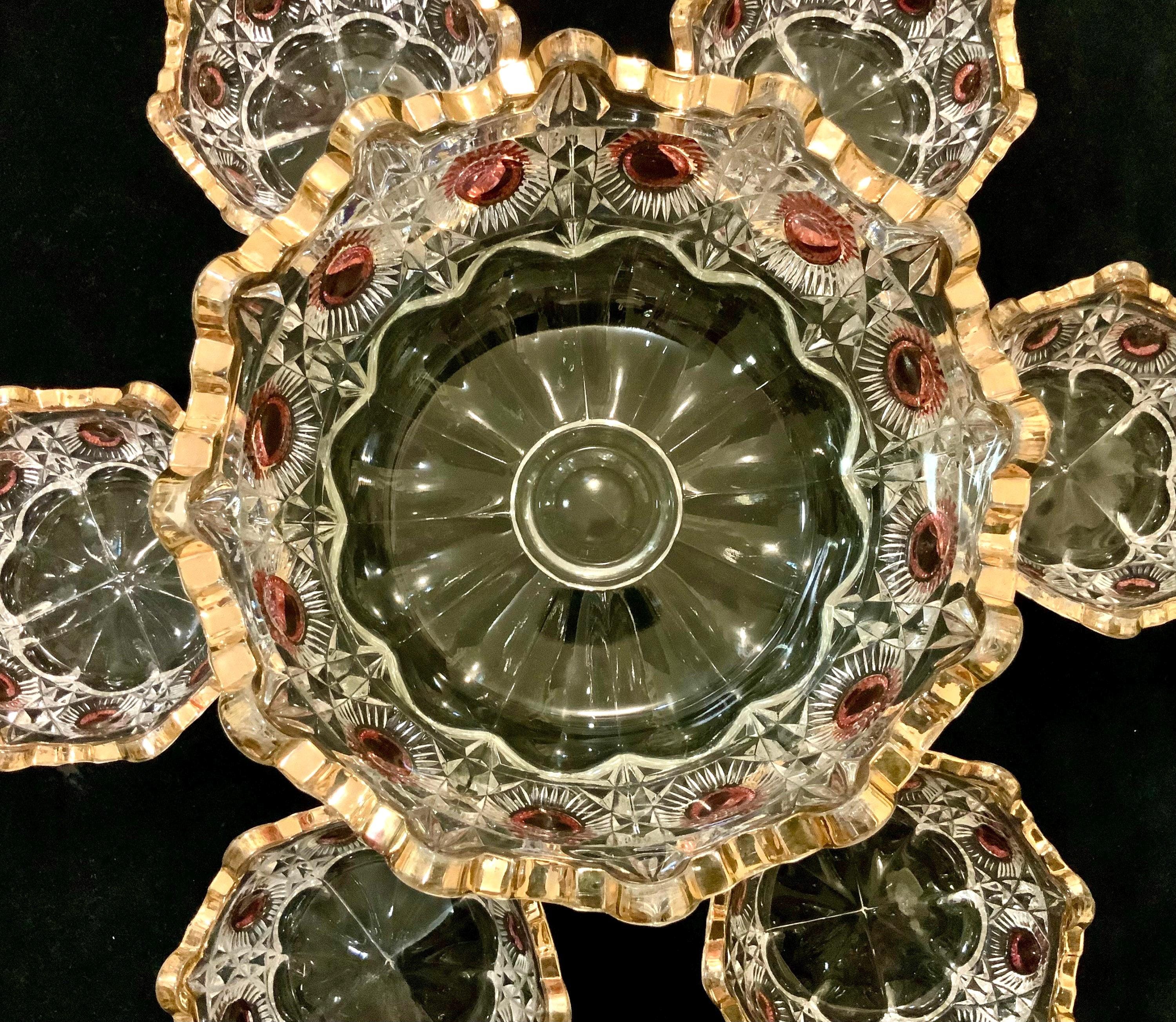 1909 Bullseye & Daisy Berry Bowl Set/Ruby Red Master Bowl+Saucers/U.S. Glass Co/Newport Pattern/EAPG/Kings Crown/22Kt Gold /7 Piece/Vintage