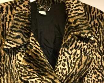 60s Leopard Jacket-Coat-Blazer/Faux-Fur Animal Print/Jaguar-Tiger-Cheetah/Double Breasted/"Sans Souci"/Woman's Size Medium/Vintage 1960s
