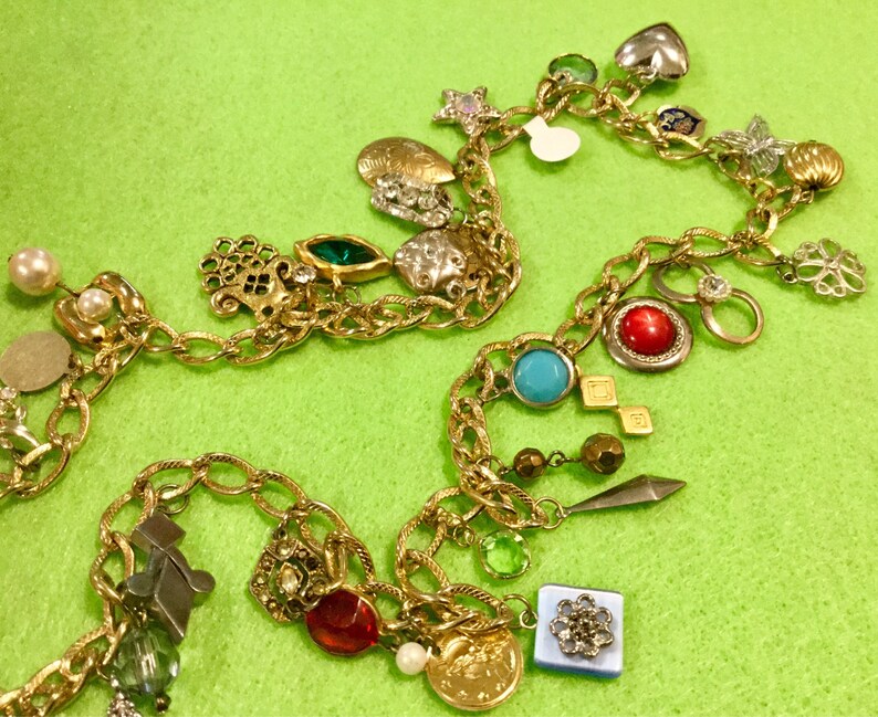 Charm Necklace Multi Charm Long Curb Chain Opera Length Dangle Etsy