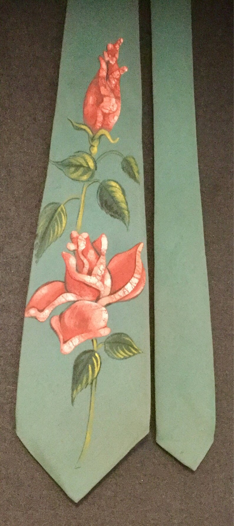 1940s Tie Necktie Hand-Painted Floral Print Rose Flower RedPinkBlueTealGreen Mens Unisex Vintage 1950s