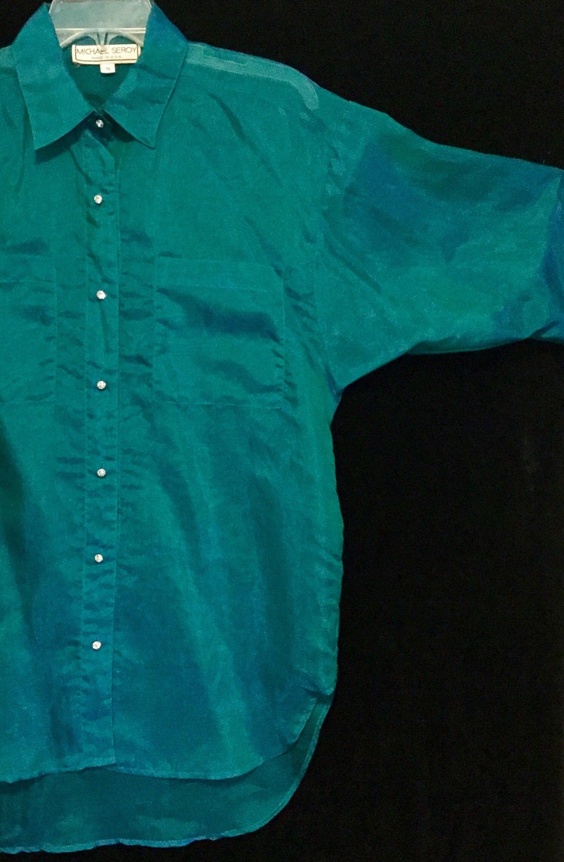 Green Metallic Blouse/shirt/top Sheer Chiffon Long Sleeve Etsy