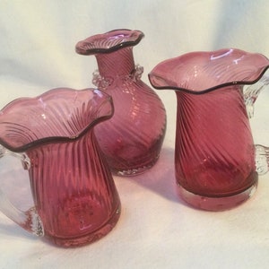 Pink Cranberry Glass Vase-Budvase/Blown Glass Swirl Art Glass/Applied-Handle/Ruffled-Rim/Pontil/2 Piece SET/Vintage