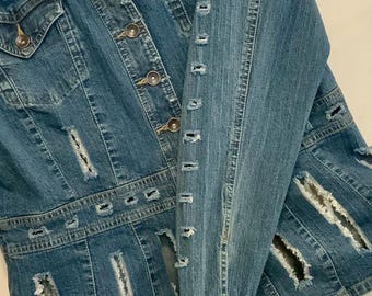 Denim Jacket-Coat/Blue/Upcycled/Distressed/Controlled Rips/Axcess by Liz Claiborne/Fitted/Cotton/Woman Size XL (chest 44”) Vintage