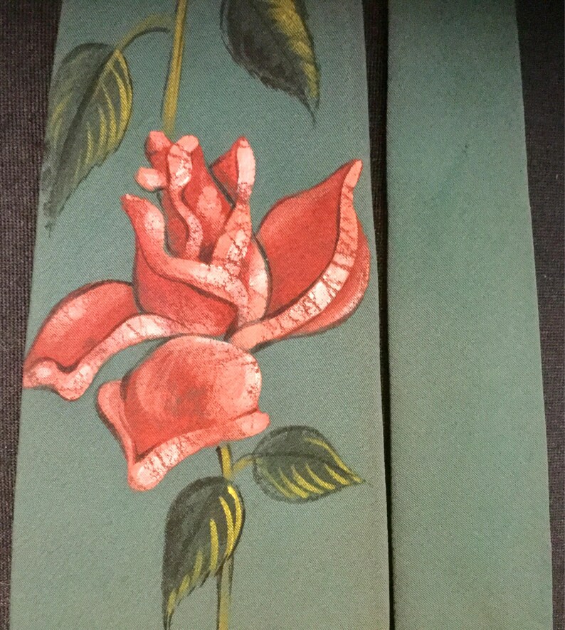 1940s Tie Necktie Hand-Painted Floral Print Rose Flower RedPinkBlueTealGreen Mens Unisex Vintage 1950s