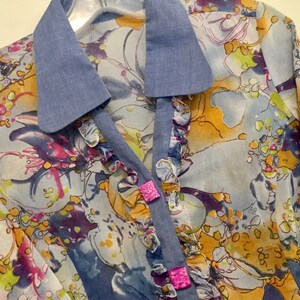 Blue Ruffle Blouse-Tunic-Pullover Top/Psychedelic Abstract Print/Sheer/Collar/Beaded/Long 3/4 Sleeve/Spring-Summer/Women/Vintage 1990&#39;s