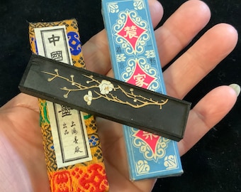 Chinese Ink Stick-Ink Cake Block/Asian/Hukaiwen Hui/Painting & Calligraphy Tool/Solid Black Ink Pigment/3 Piece Set/Vintage