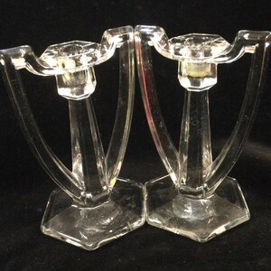 Krys-Tol Glass Candlestick-Candleholder Pair/EAPG Clear Pressed Glass/Chippendale Art Deco/Jefferson Glass Co./Taper/Small 4.5”/Vintage 1920